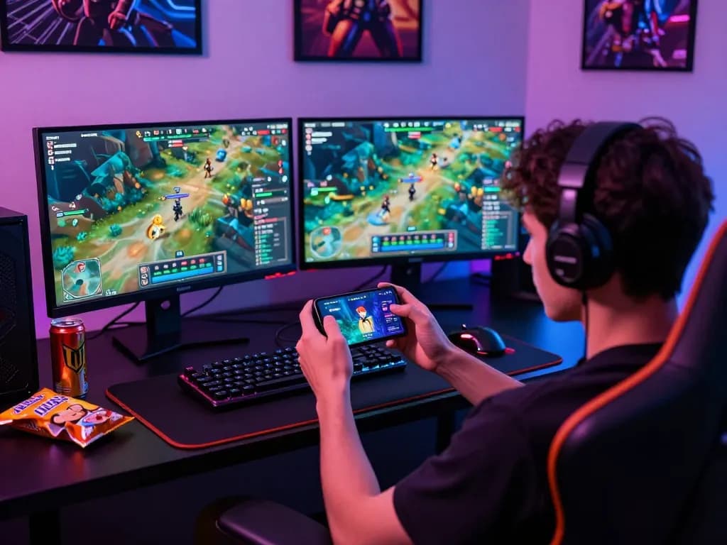 Engaged gamer playing nk88 mobile app in a vibrant gaming space