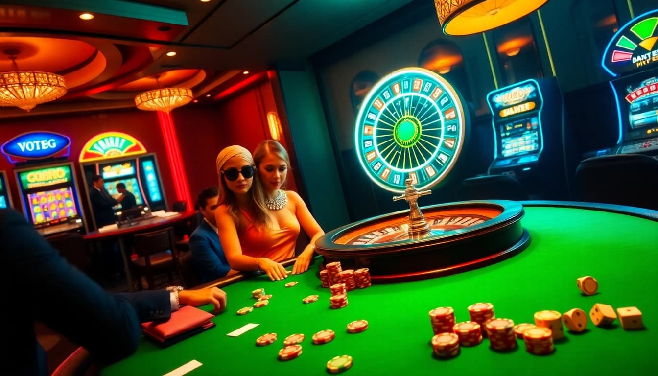 Experience the thrill of E2bett.in.net with a vibrant casino scene featuring engaging poker players and stunning roulette visuals.
