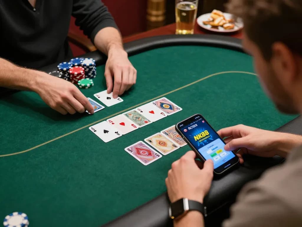 Player engaging in strategic betting on NK88's online poker platform with smartphone and tablet