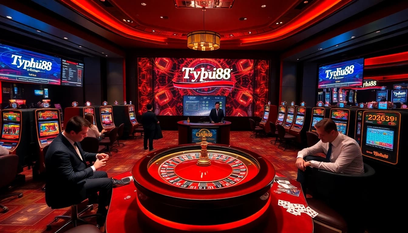 Players engaging in thrilling games at Typhu88 casino with roulette and slot machines.