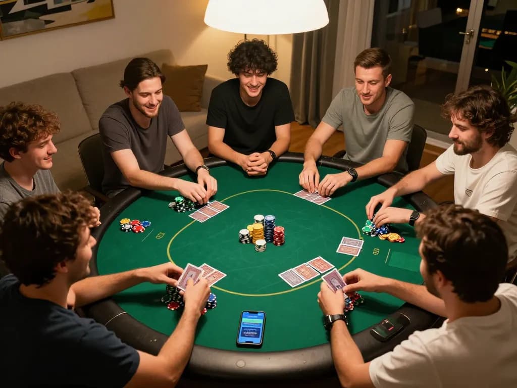 UU88 brings excitement as friends compete in a lively home poker game filled with chips and cards.
