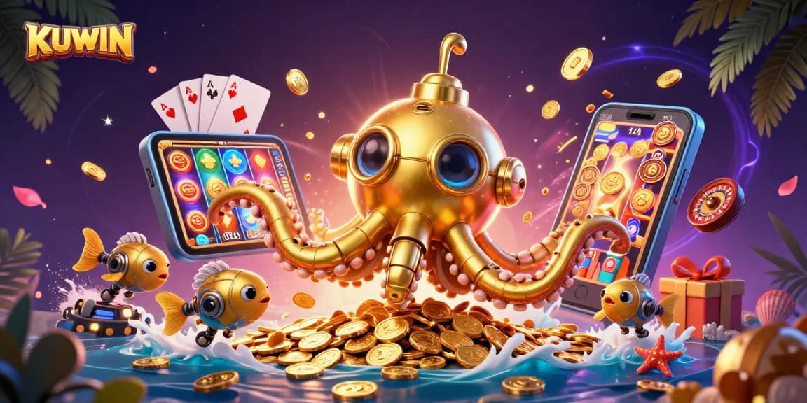 KUWIN invites players into a vibrant world of online gaming with its golden kraken submarine and exciting casino elements.