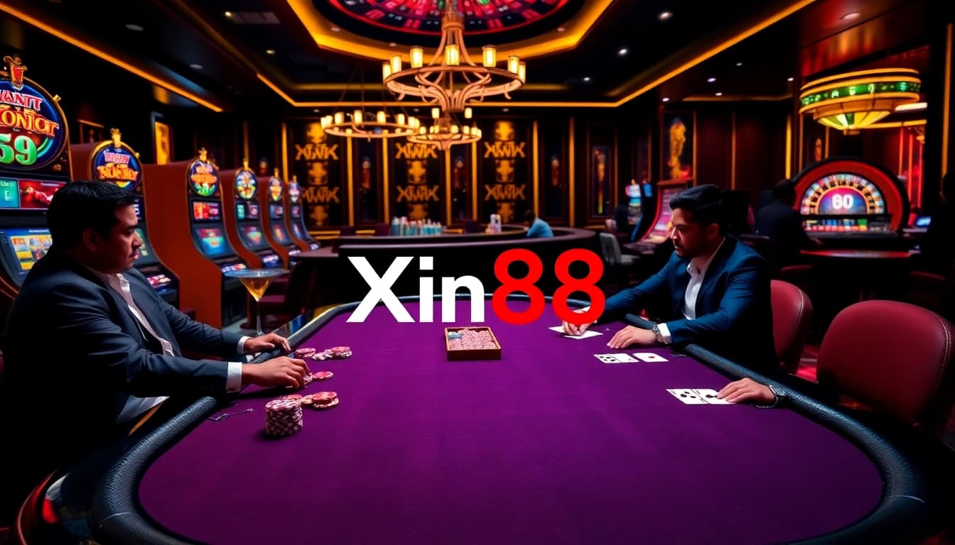 Players at a poker table enjoying a high-stakes game with Xin88 branding.