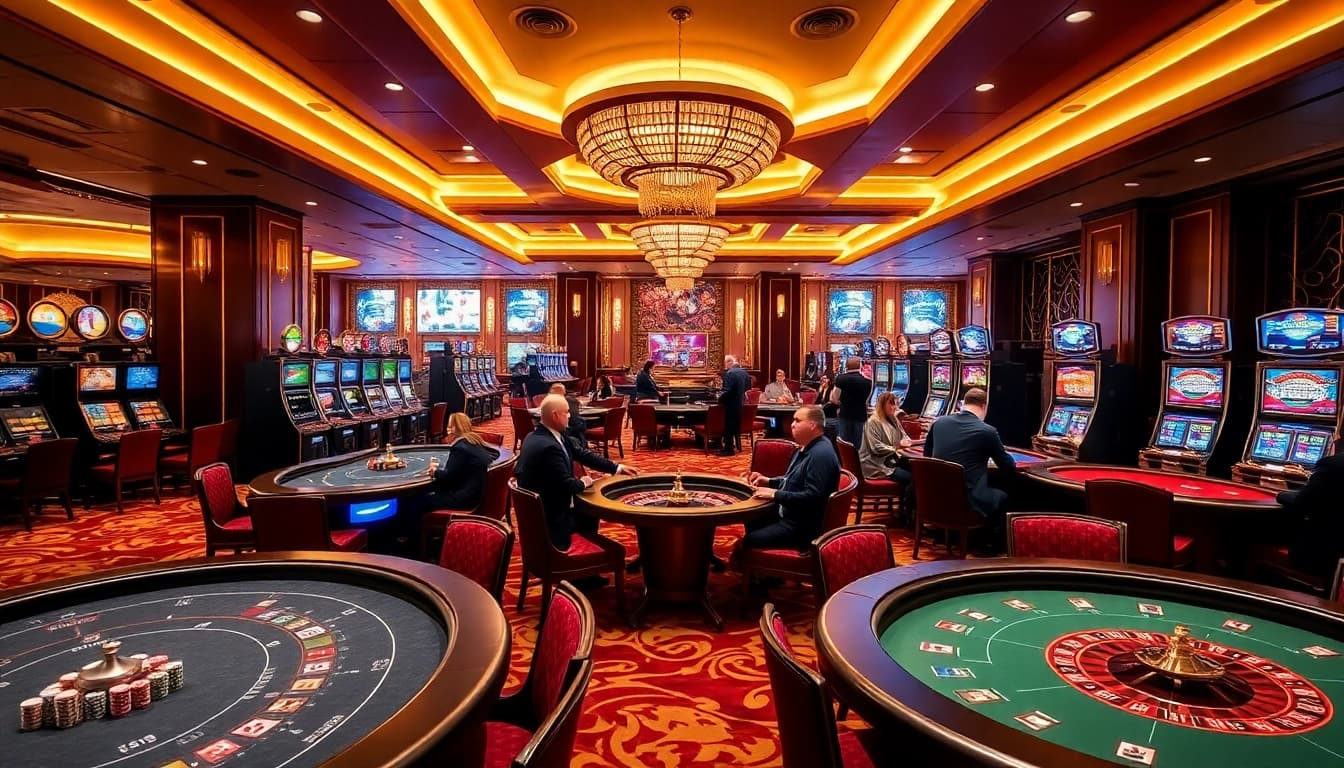 Dynamic gaming experience at LC88, featuring vibrant casino tables and exciting slot machines.