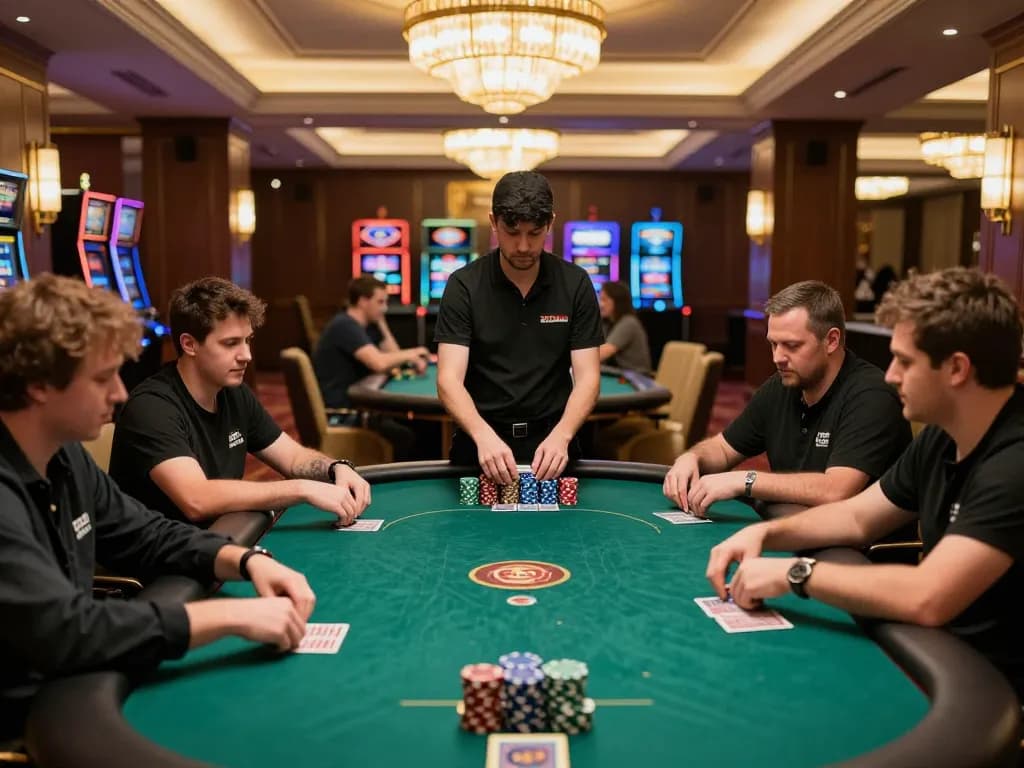 Players strategizing during a high-stakes poker game at a luxurious casino, showcasing intense gameplay surrounding 789P.