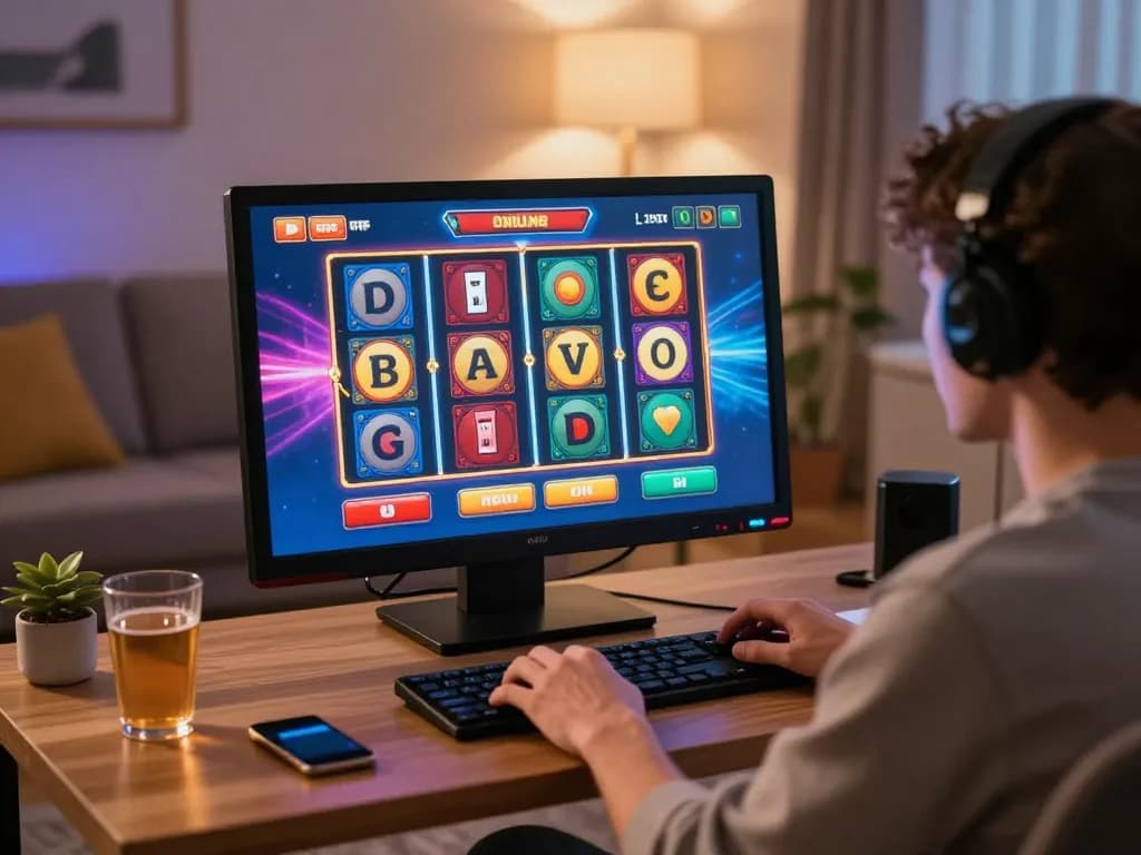 Player enjoying a situs slot gacor experience on a vibrant online gaming interface in a cozy setting.