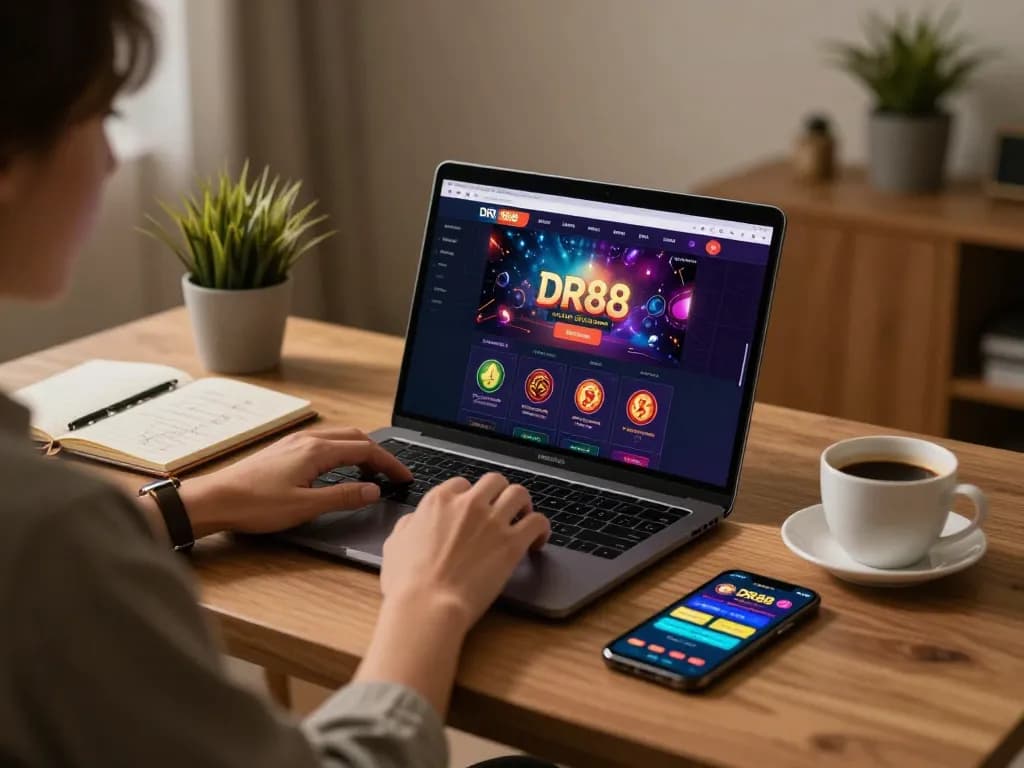 Player enjoying DR88 online casino game on a stylish laptop, showcasing strategy notes and smartphone.
