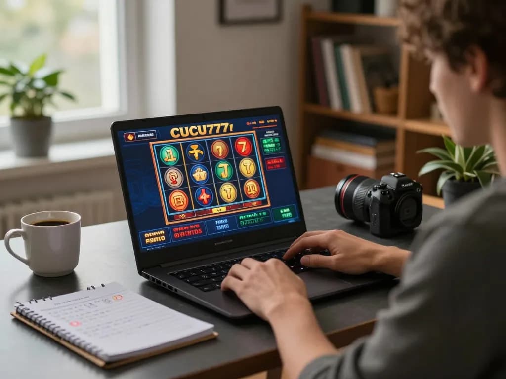Engaging player explores cucu777 online games at cozy home setup with laptop and betting notes.