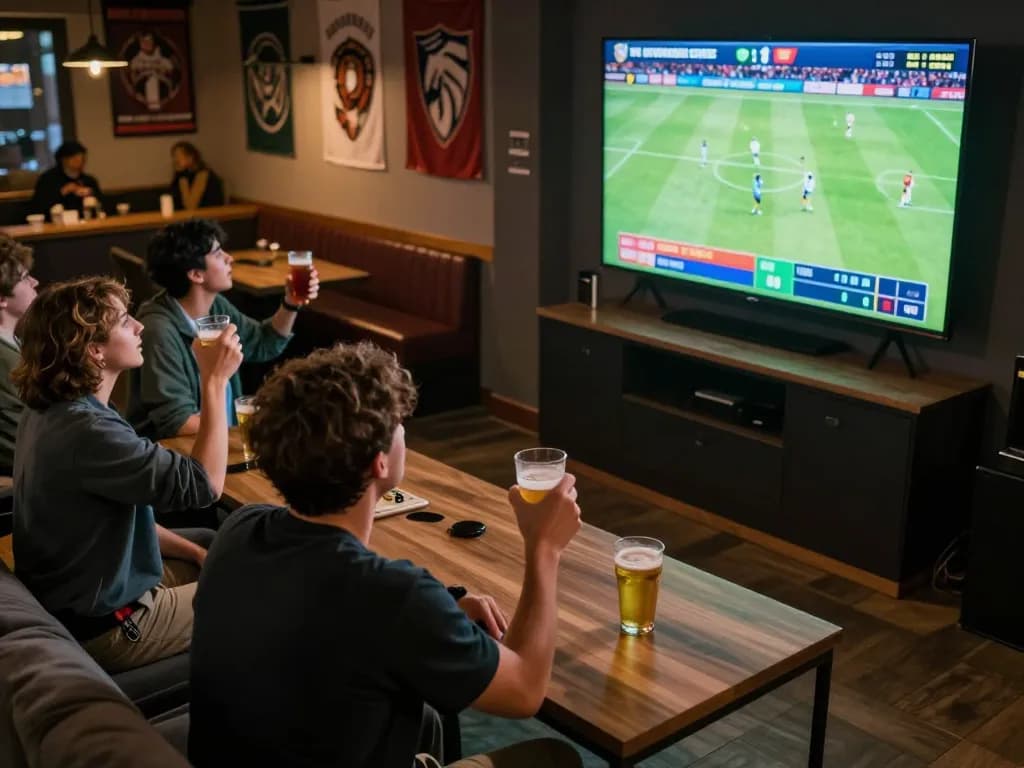 Soi kèo Aston Villa with friends cheering during a live sports betting event at a vibrant bar.