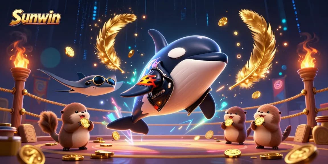 Sunwin captivates players with a thrilling scene featuring an orca, stingray, and otters amidst golden coins in a dynamic casino atmosphere.