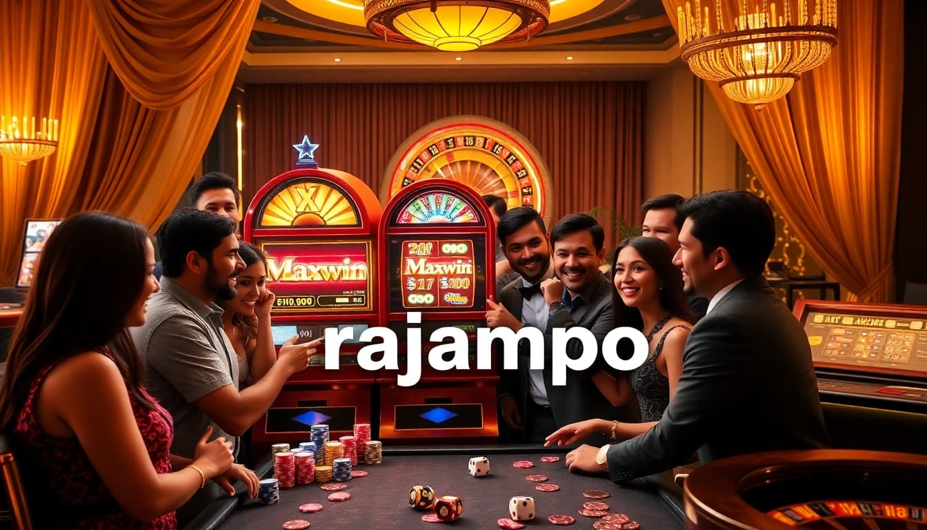 Pemain menikmati kemenangan besar di mesin slot rajampo dalam suasana kasino yang mewah.