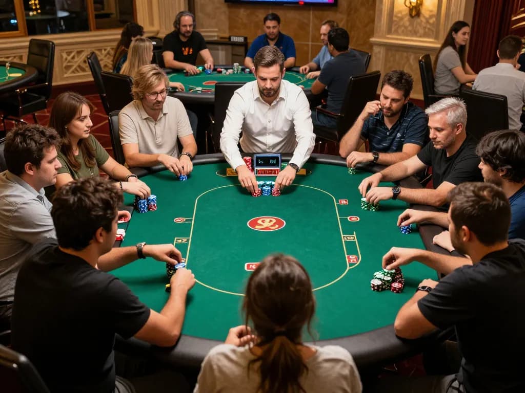 Players engage in strategic poker gameplay at 99ok's upscale casino, intense atmosphere.