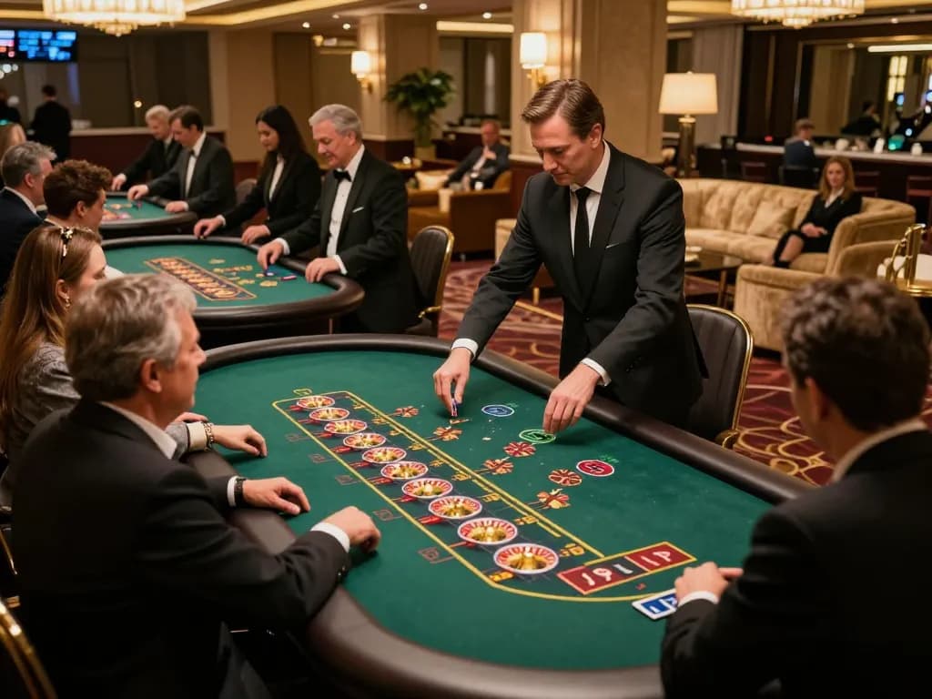 Engaging live casino scene at Upintogel with players betting at tables and dealers interacting