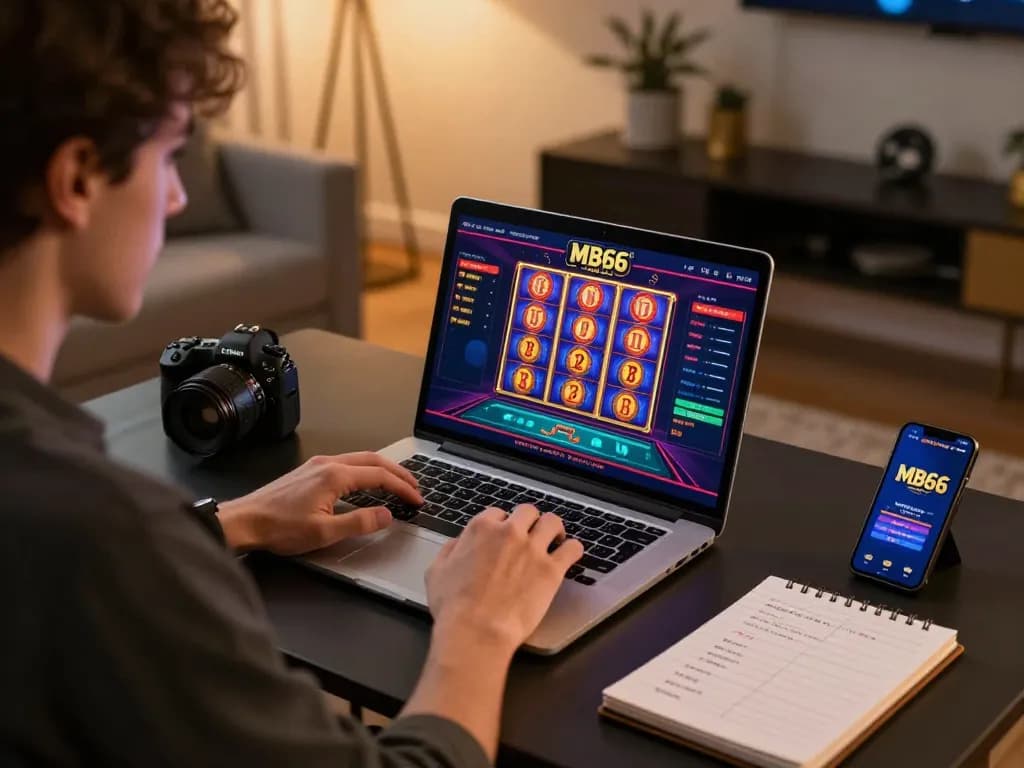 Person engaging with MB66 online casino interface while practicing strategic gambling at home.