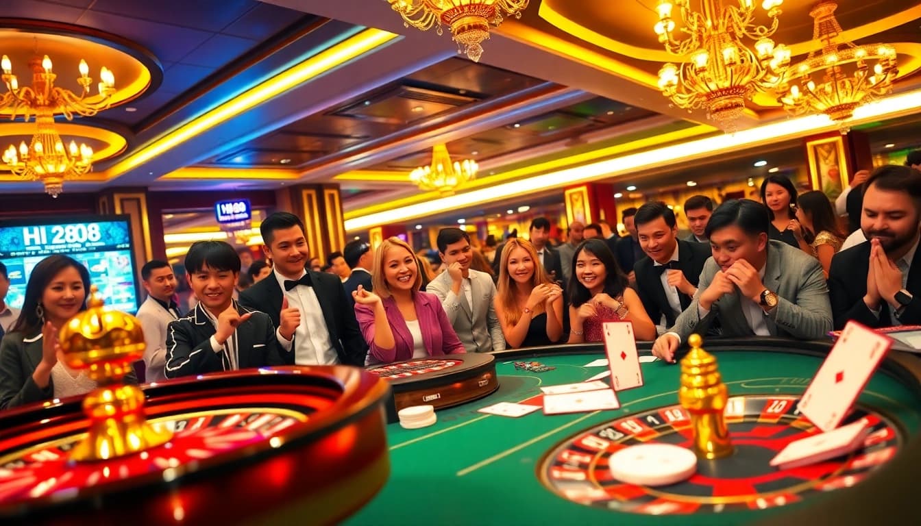 Hi88 players winning big at a luxurious casino table with poker chips and cards.