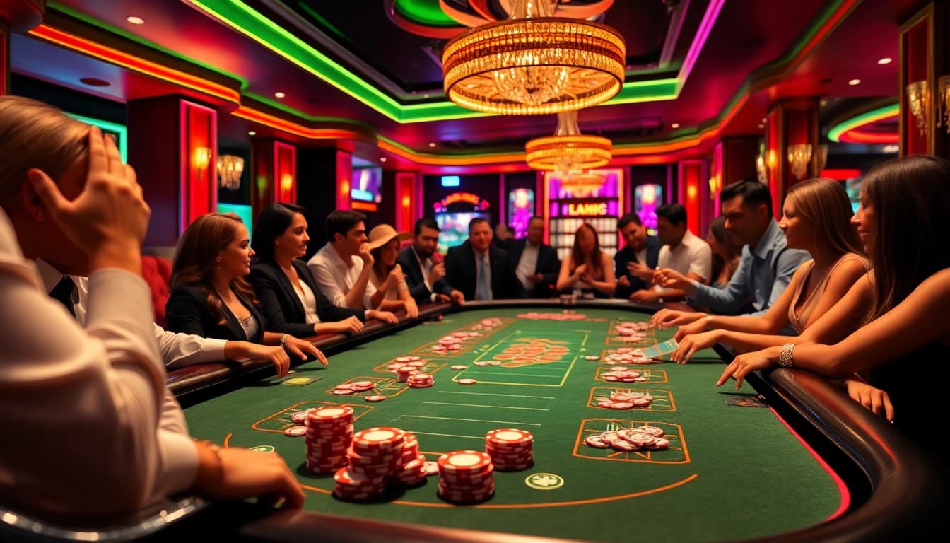 Players enjoying the excitement of uvip娱乐 at a lively casino table filled with colorful chips and cards.