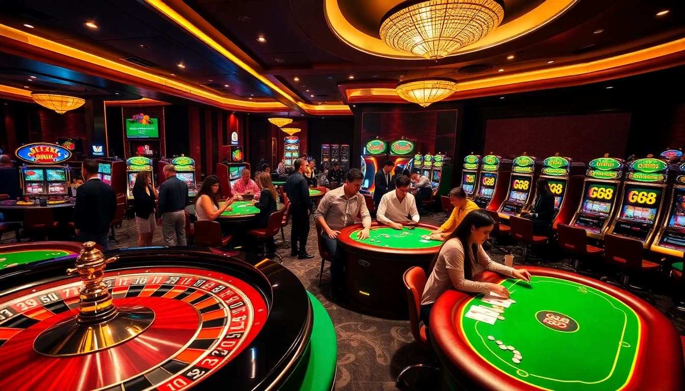 Engaging gamblers enjoying luxury casino games at GG88 media with vibrant tables and slot machines.