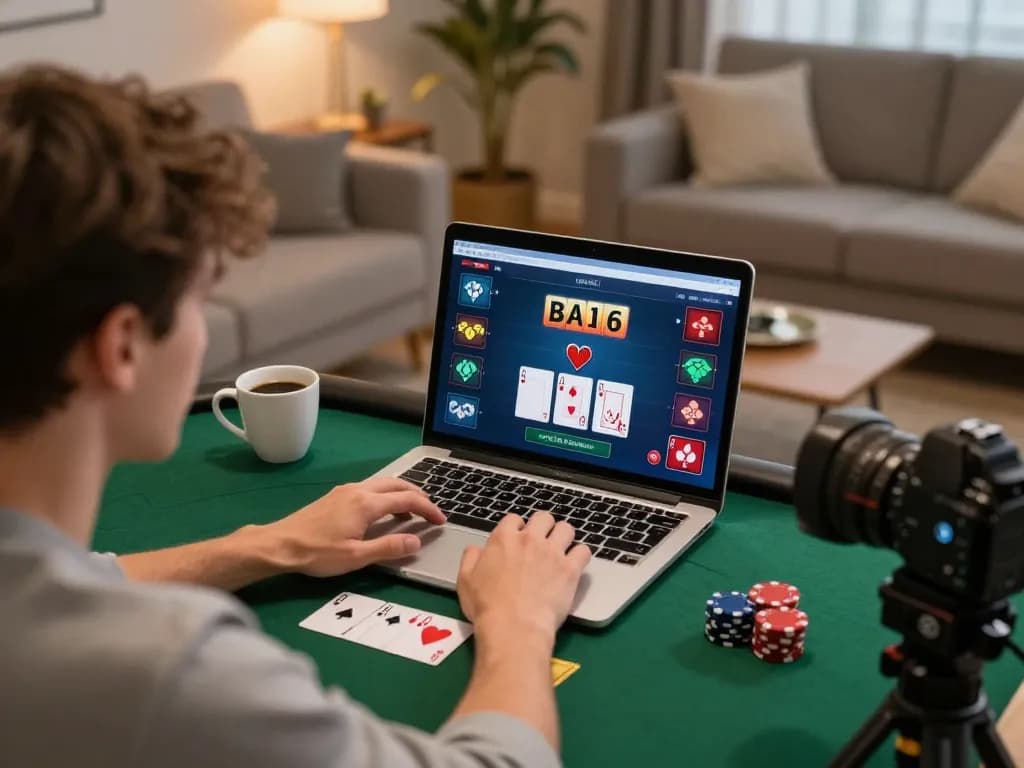 Player strategizing in online poker session at home using tr88 platform, lively atmosphere with warm lighting.