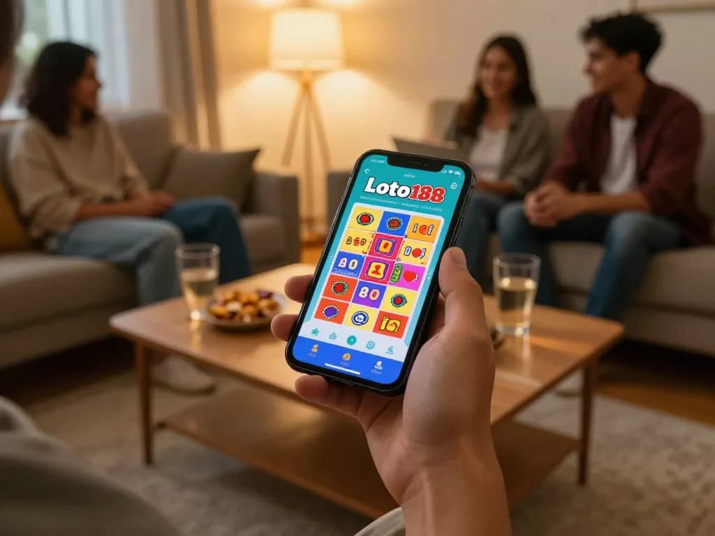Player interacting with loto188 app on smartphone in cozy living room, highlights modern online gambling experience
