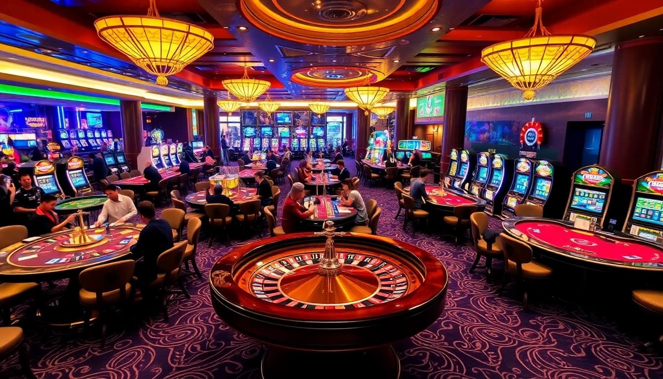 Engage in thrilling games at 28bet's vibrant casino floor, showcasing various gaming activities.