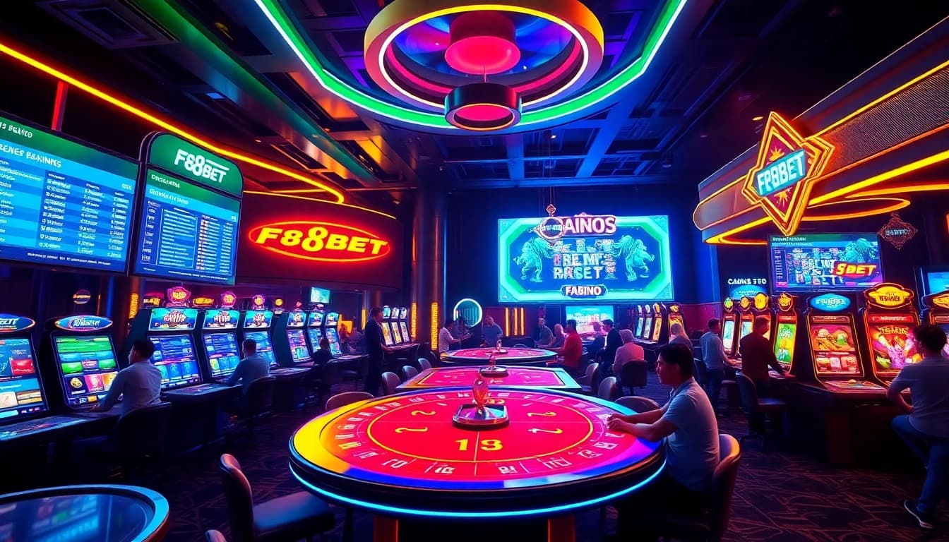F8BET online casino gaming experience with vibrant neon lights and interactive tables.