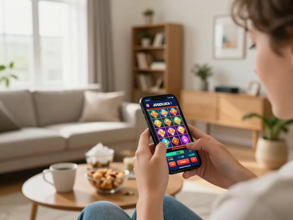 Person using the Jogoluck app for online casino gaming on a smartphone in a cozy living room setting