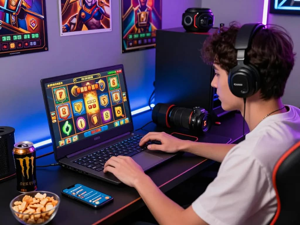 Engaged player enjoying kdslot online gaming experience on laptop surrounded by vibrant atmosphere.