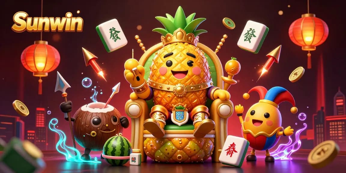 Experience Sunwin's vibrant gaming atmosphere with the golden pineapple king and lively characters celebrating in a casino.