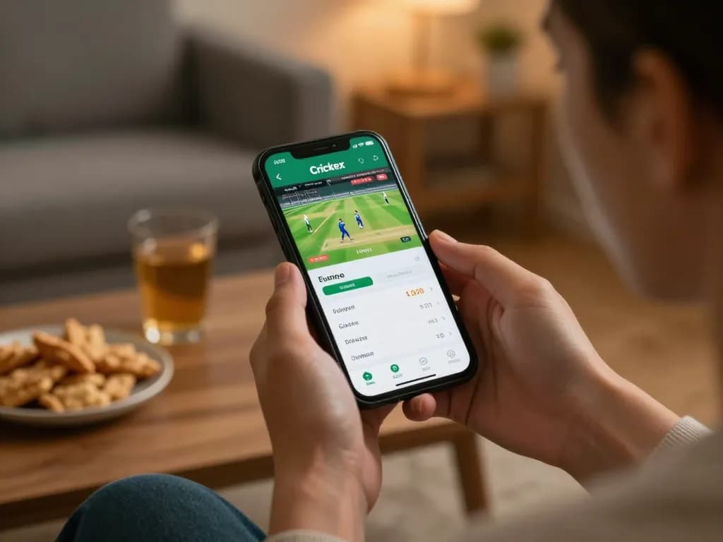 Crickex user actively betting on cricket through mobile app in a comfortable home setting