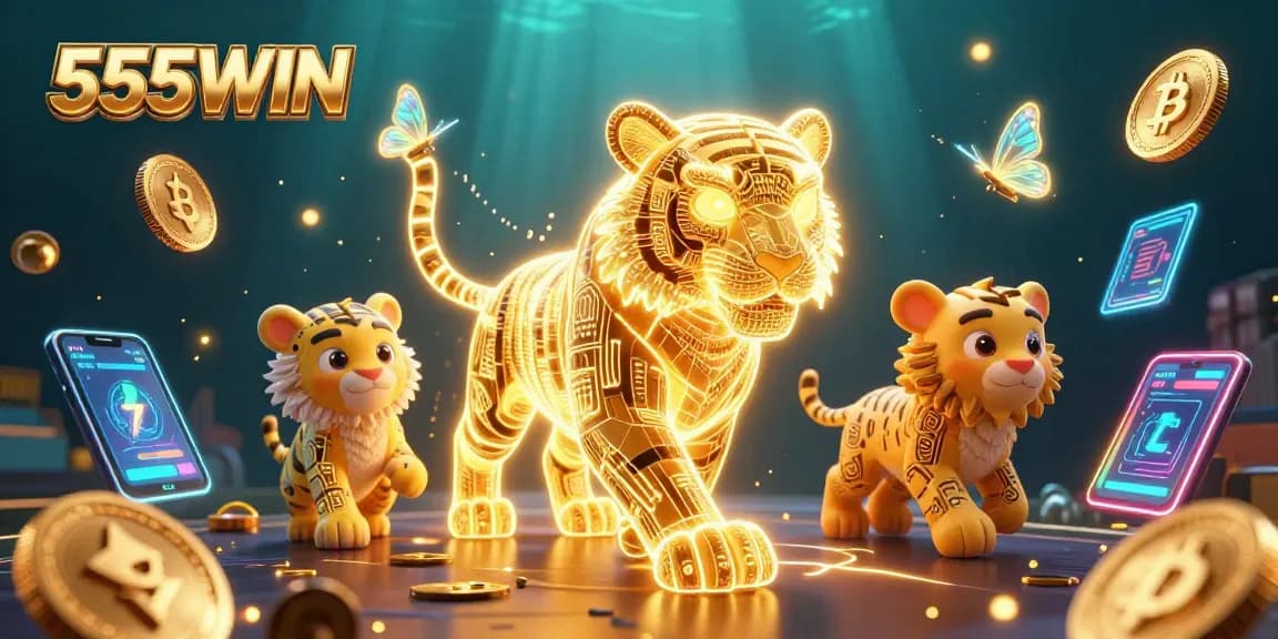 Spin the reels at 555WIN with a dynamic casino scene featuring a glowing tiger and crypto symbols.