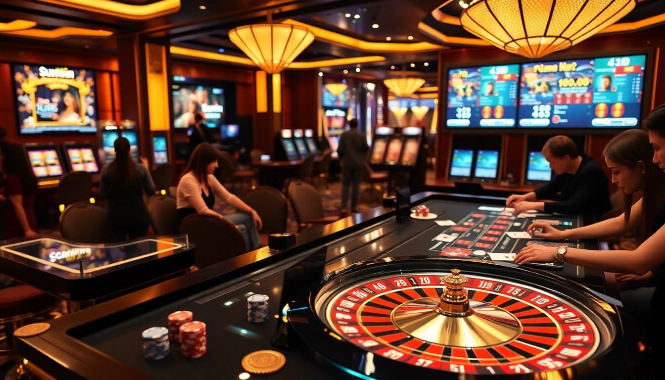 Experience Sunwin's thrilling casino atmosphere with vibrant gaming tables and exciting players.
