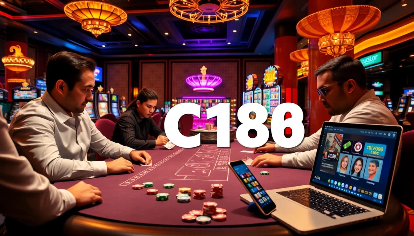 Players engaging at a C168 poker table, showcasing excitement and professional gaming.