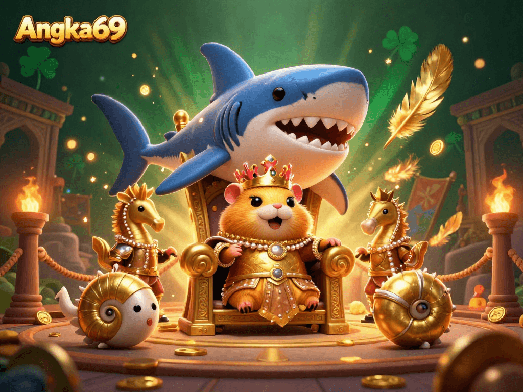 Join Angka69 for thrilling slot adventures featuring golden hamster royalty amidst an exciting casino atmosphere.