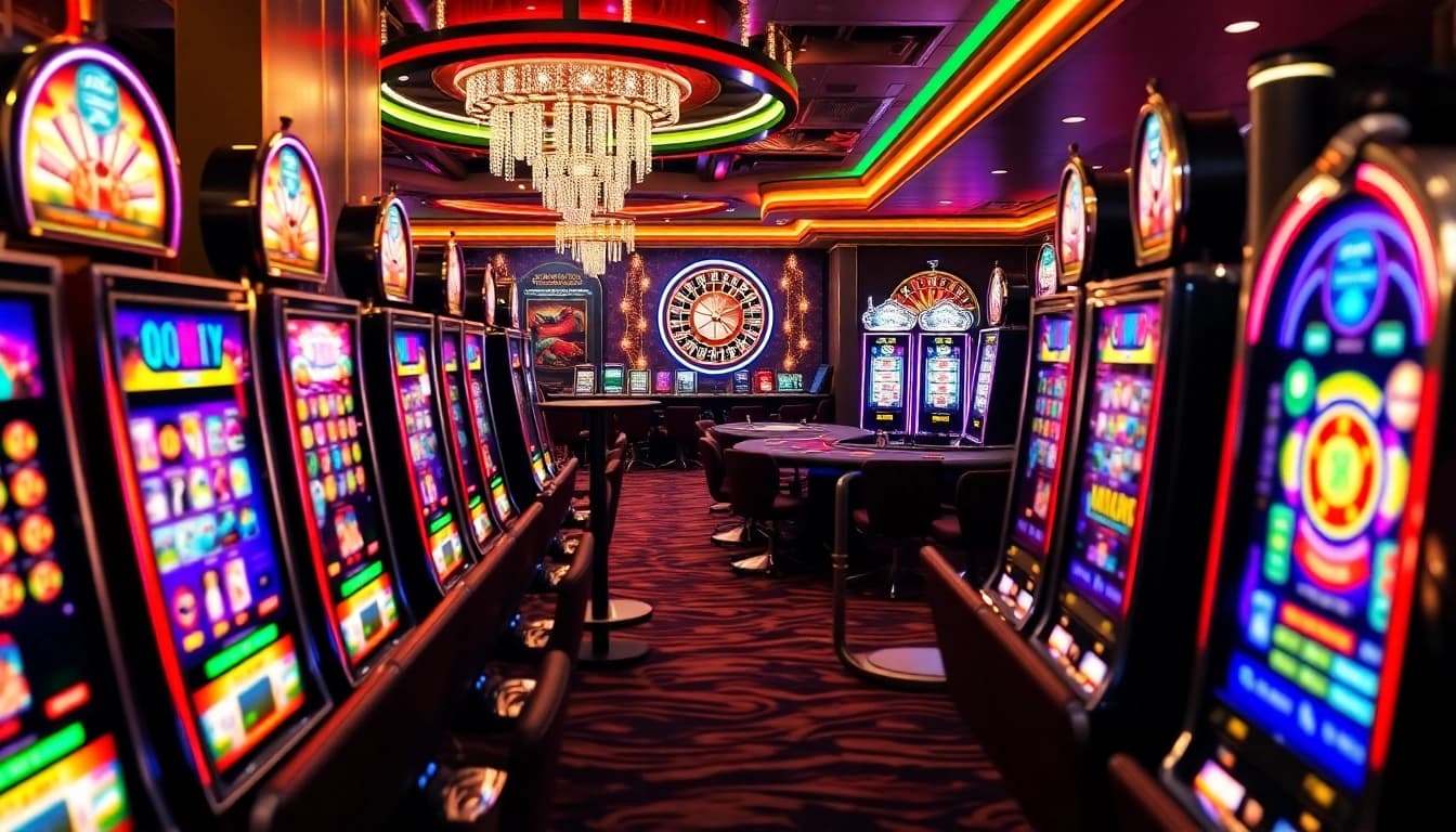 Pemain menikmati mesin slot yang penuh aksi di kasino 888slot, menampilkan lampu yang berwarna-warni dan suasana yang mendebarkan.
