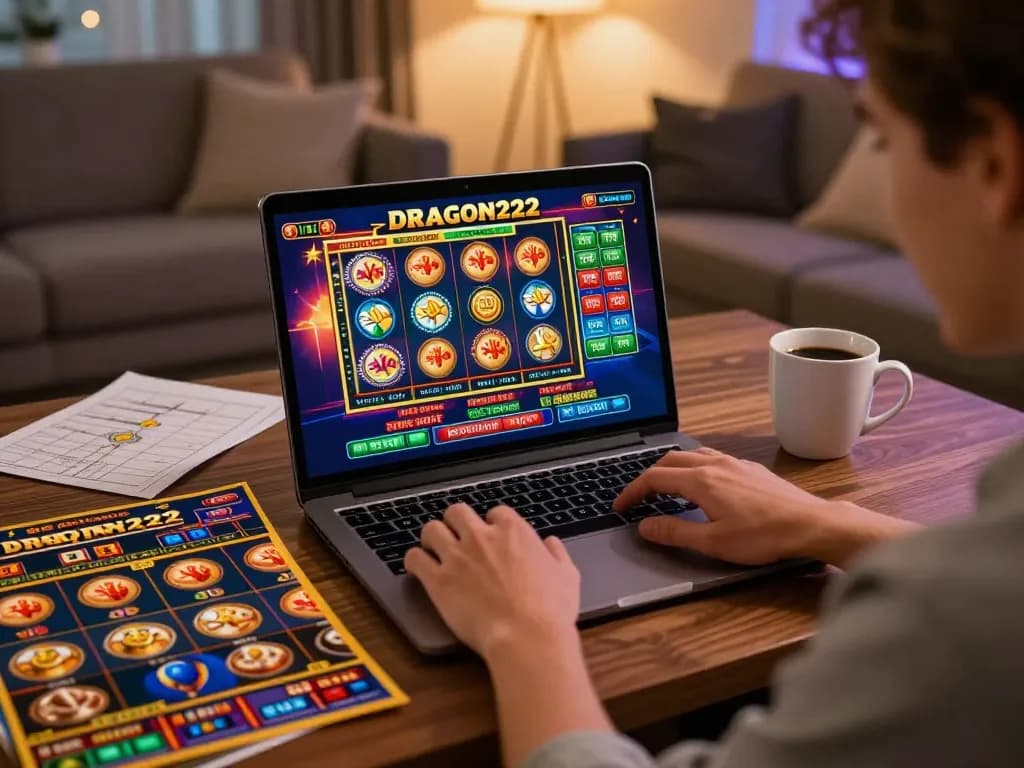 Engaging gameplay on DRAGON222 as a player enjoys online slots in a cozy home setting.