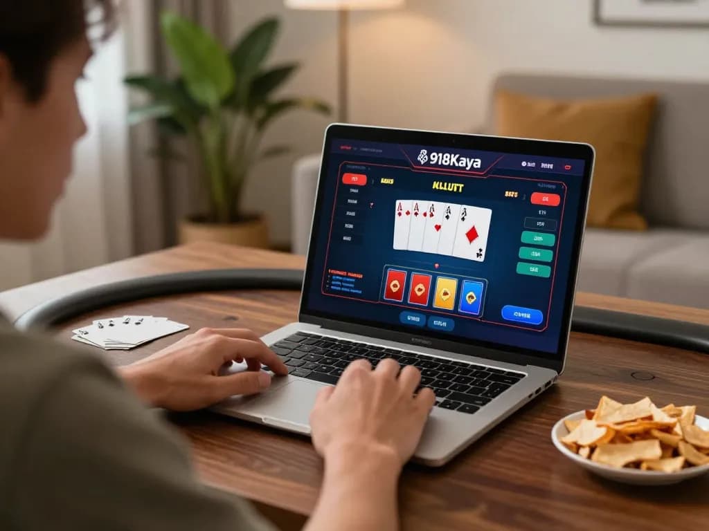 Engaging poker gameplay on a laptop, showcasing 918Kaya, in a cozy setting in Papua New Guinea