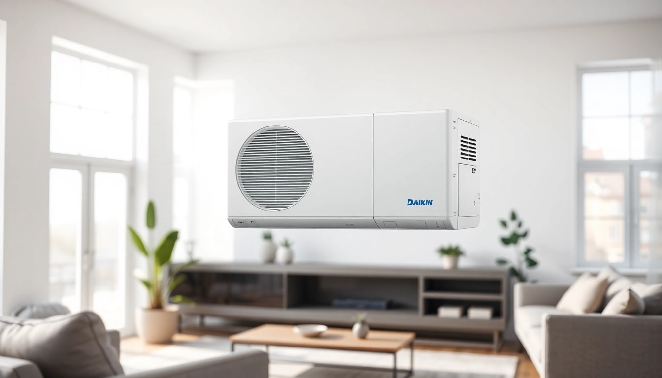 Showcase of Daikin mini split AC unit in a modern living room, emphasizing sleek design and energy efficiency.