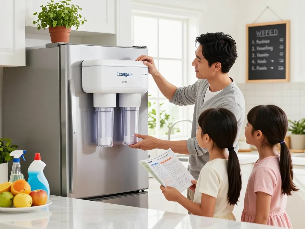 Family installing EcoAqua WF1CB Refrigerator water Filter in a bright kitchen, promoting family bonding and home care.