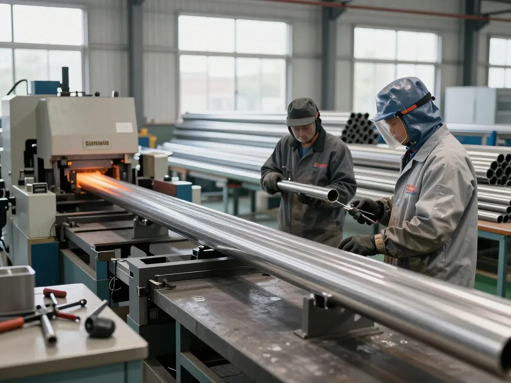 Workers manufacturing Sumwin stainless steel pipes in a bright industrial workshop.