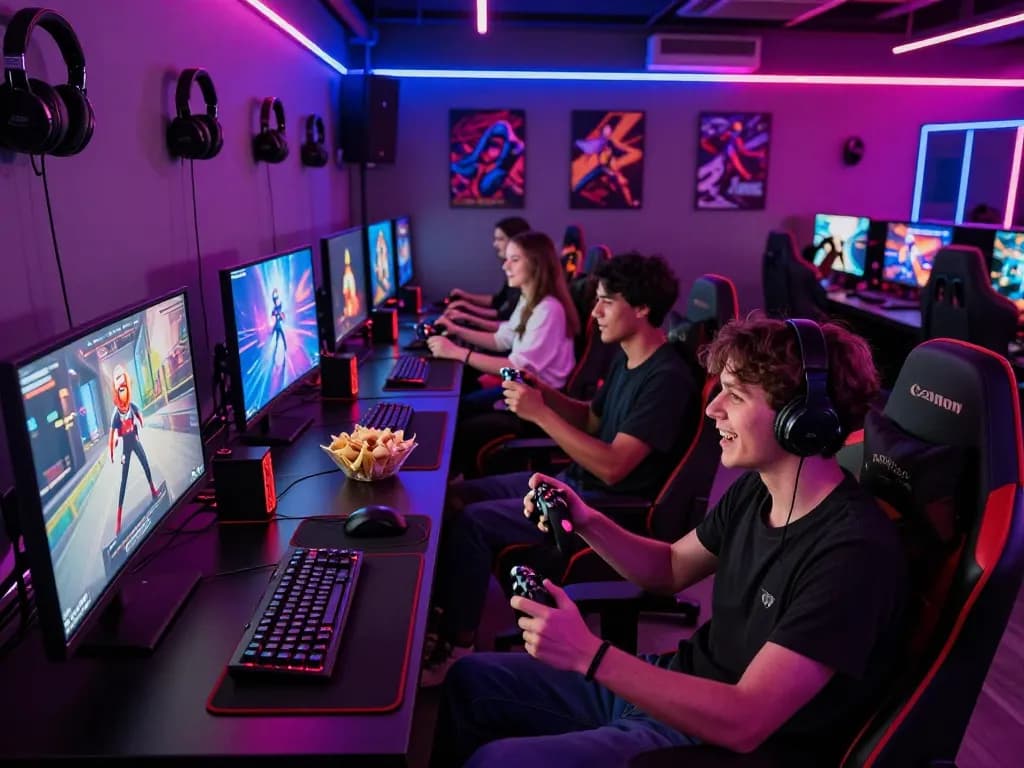 Friends enjoying gaming at https://fabetz88.com/ in a neon-lit lounge, showcasing vibrant gaming culture.