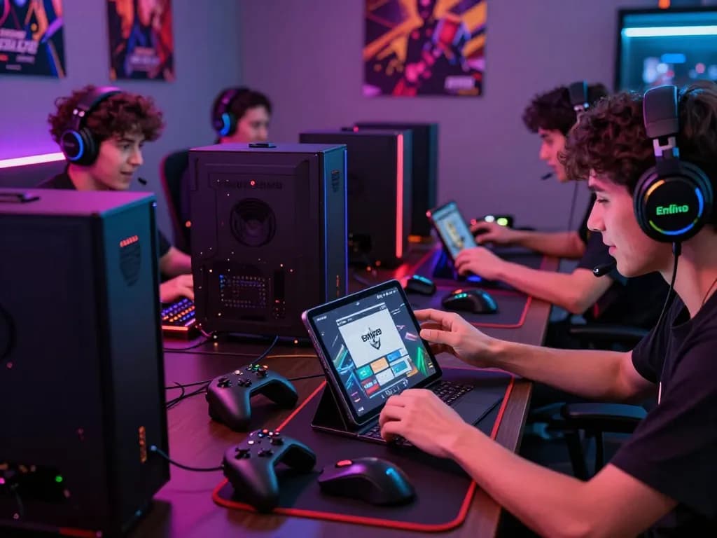 Exciting scene of gamers setting up devices for empire99 gaming installation.
