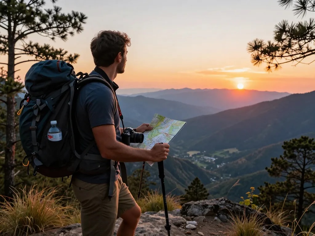 Traveler at stunning mountain viewpoint with Fly88 gear during sunset, capturing the spirit of adventure.