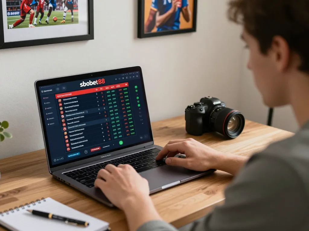 Betting enthusiast analyzing odds and strategies using sbobet88 for online sports betting.