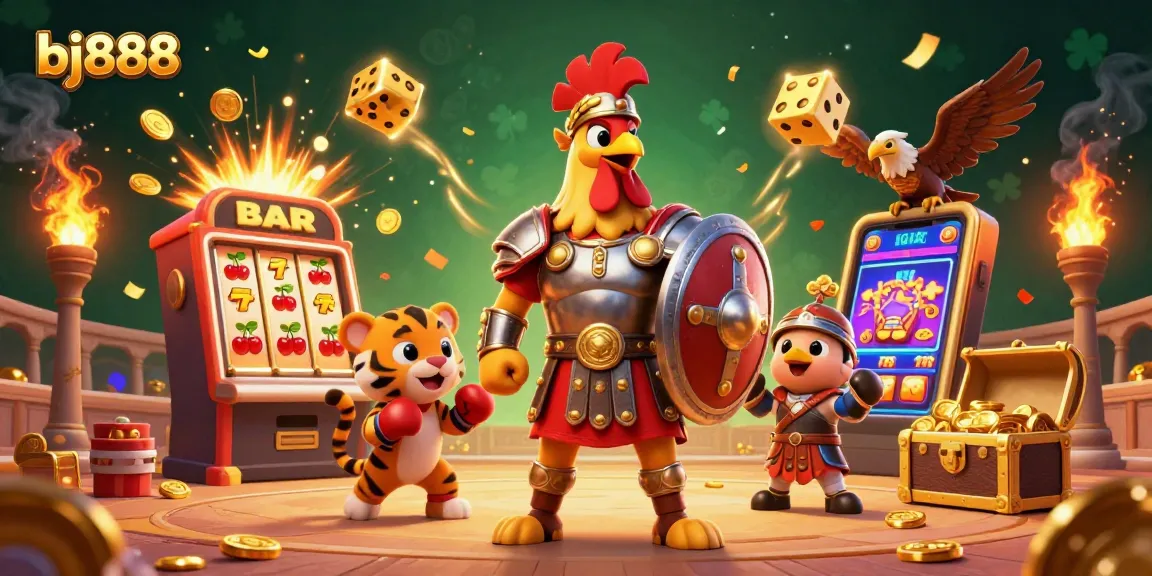 Bet on exciting games with bj888, featuring a rooster warrior, slot machines, and vibrant casino elements.