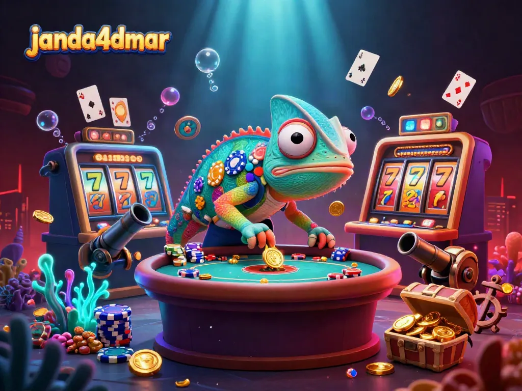 Menangkan game di janda4dmar dengan karakter chameleon kasino yang menarik di latar belakang penuh warna.