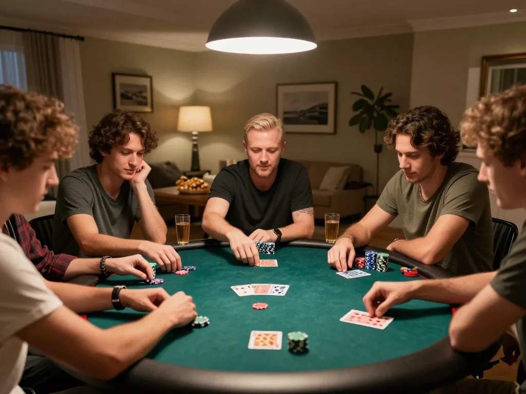 GO8 players enjoying a home poker game, showing chips and cards with a friendly atmosphere.