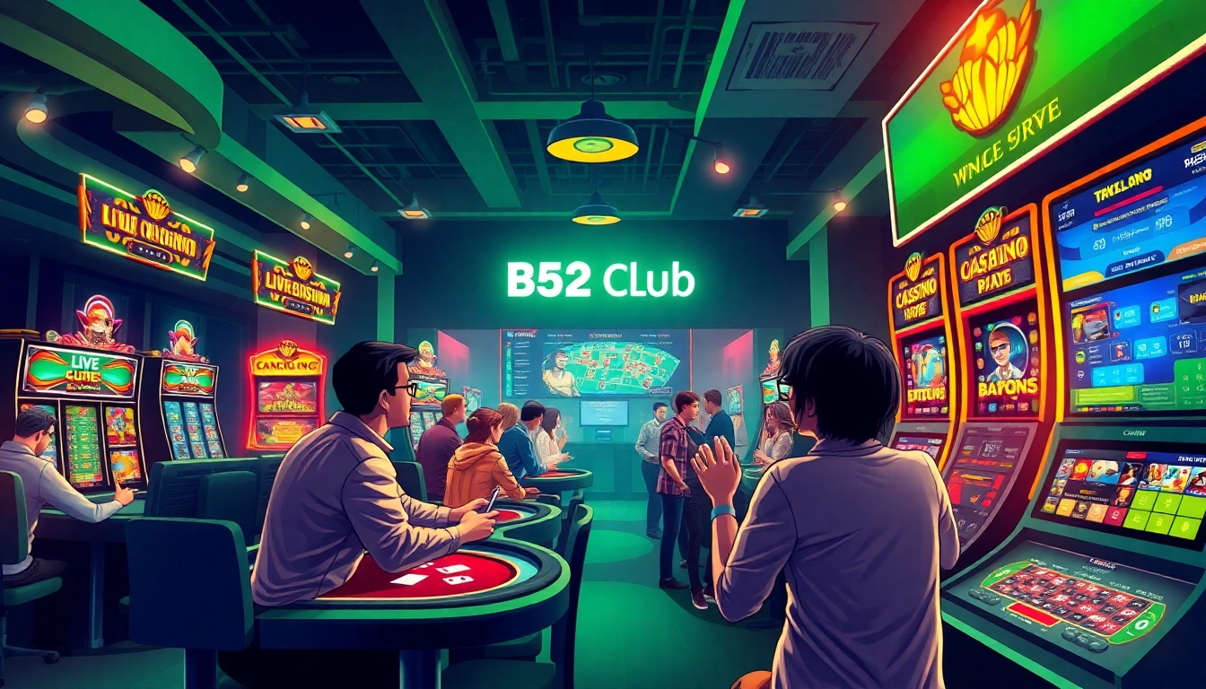 B52 club gaming scene showcasing excitement in online betting, with players engaging in live casino and slot games.