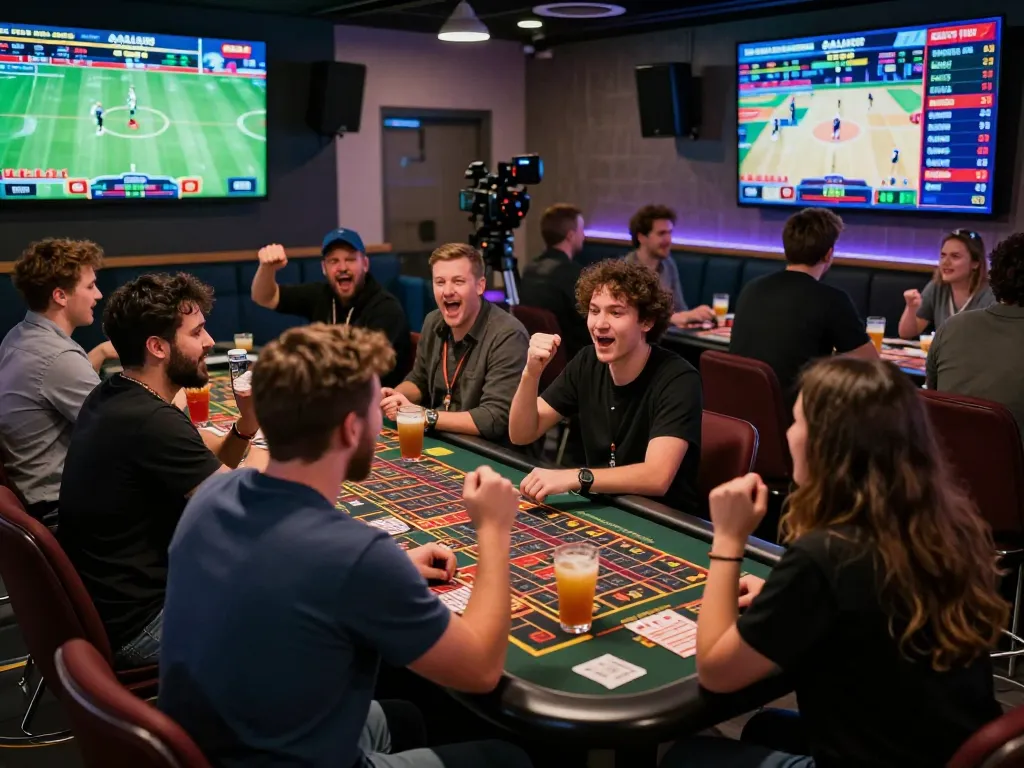 V9BET players engaging in live sports betting, surrounded by screens and drinks in an energetic atmosphere.