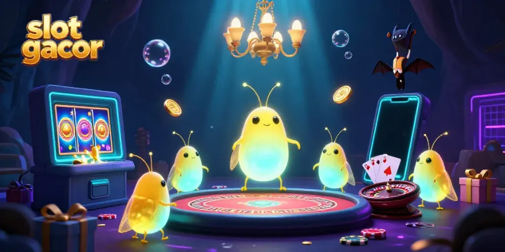 Immerse in the slot gacor adventure with glowing worms and vibrant casino elements.