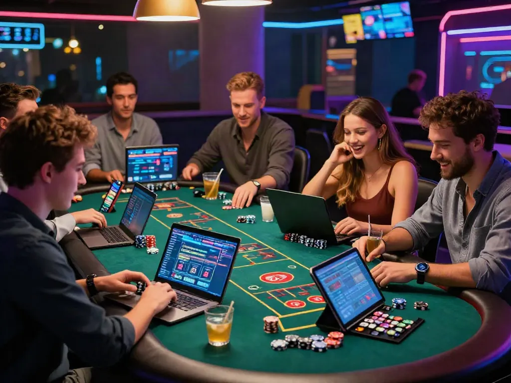 Friends enjoying online gambling games with akunjp platform at stylish setup